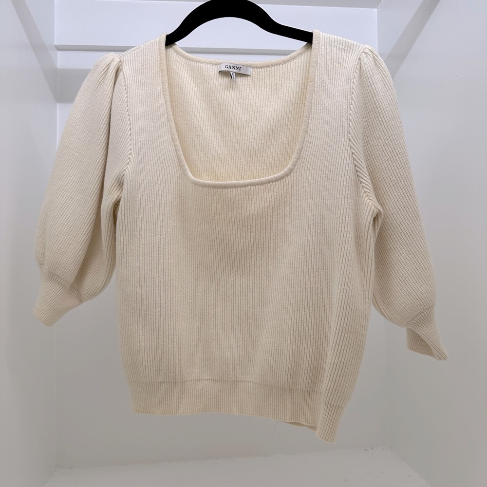 Ganni Balloon Sleeve Cream Sweater